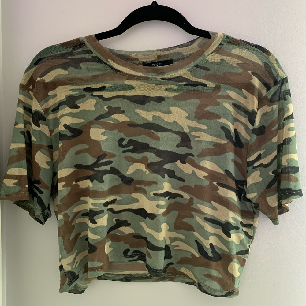 Forever 21, Size M, mesh camo crop top